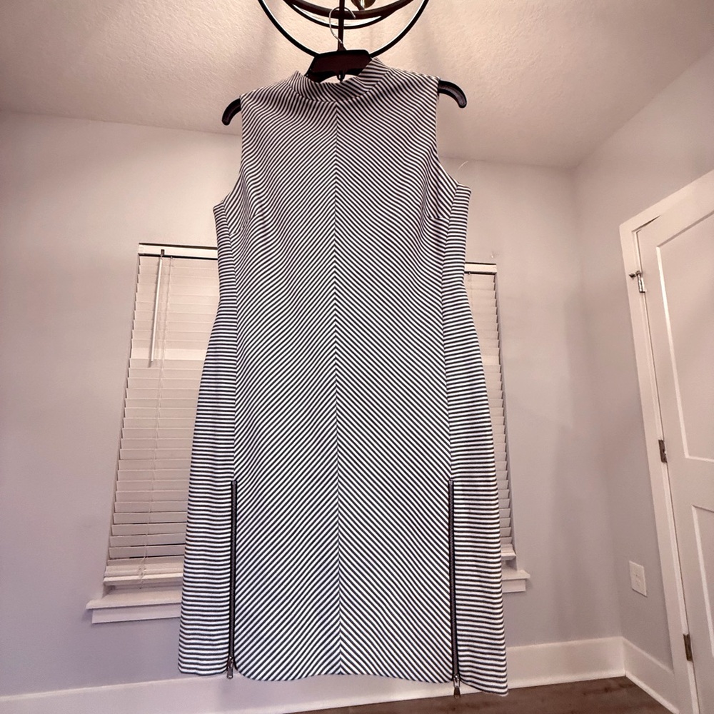 ANTONIO MELANI Blue and White Striped Midi High Neck Dress